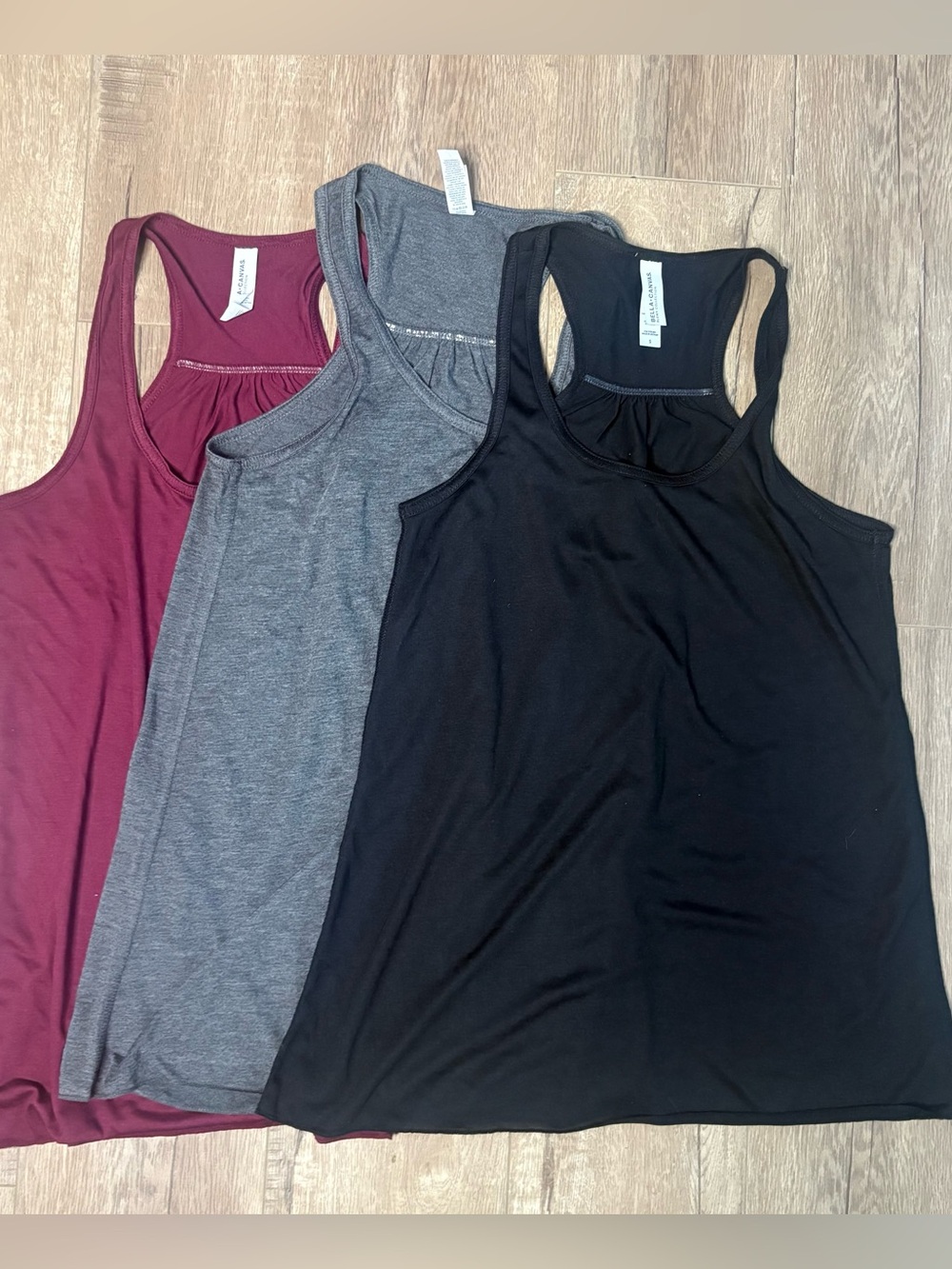 3 Bella+Canvas Ladies' Flowy Racerback Tank Tops-Gray, Burgundy, Black Size S